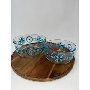 Pyrex Blue Mod Flowers Glass Bowls Set of 2 Vintage Retro MCM Teal Cobalt